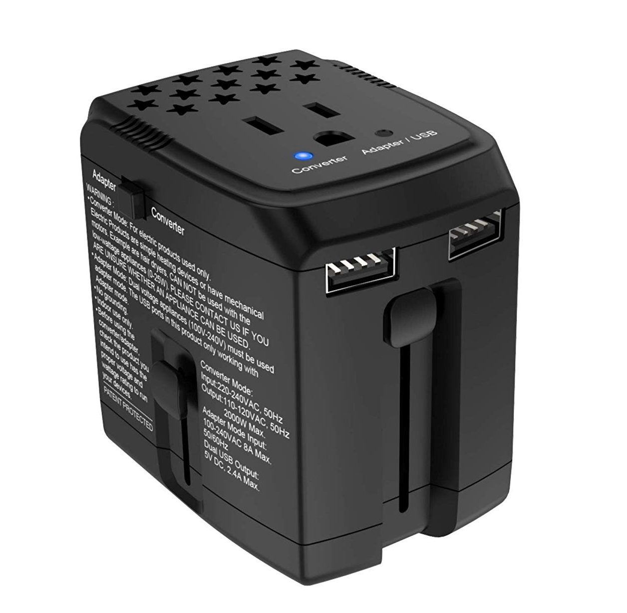 2000Watt Travel Converter/Adapter COMBO with 2.4A Dual USB Charger  